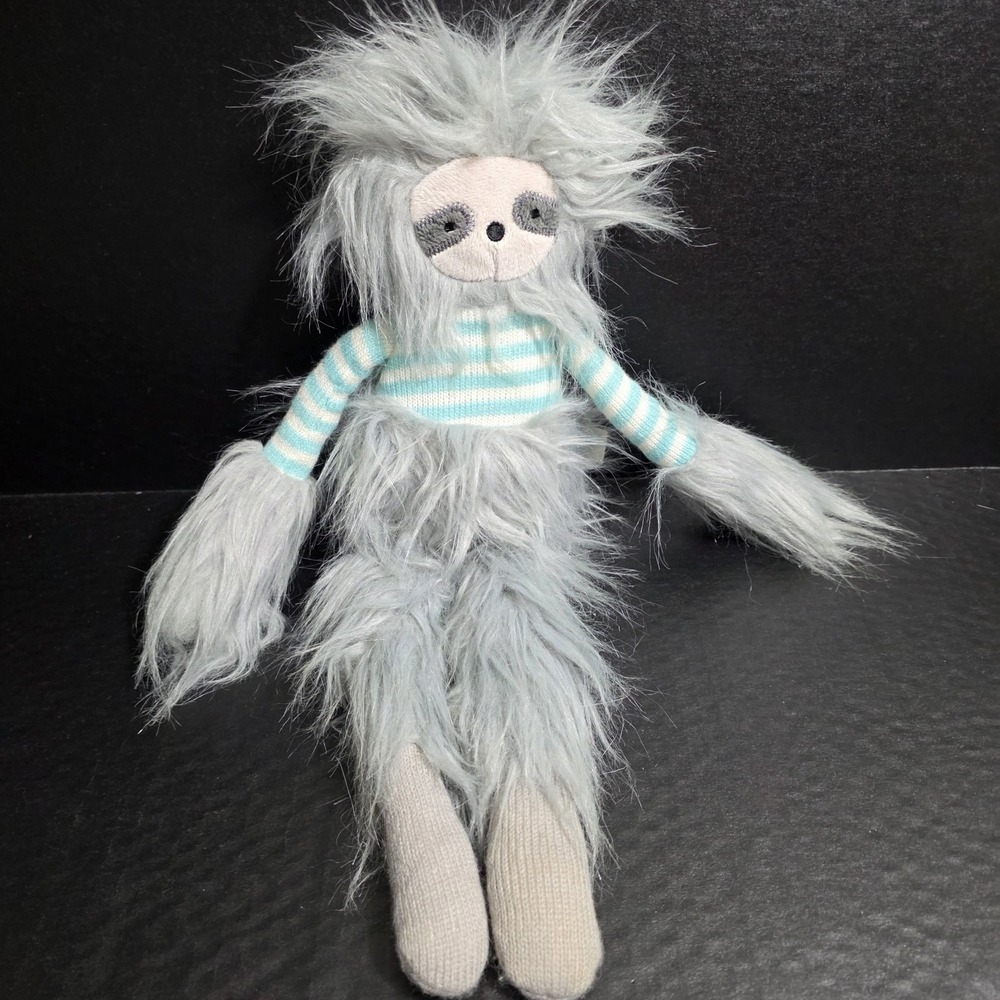 Manhattan Toy Gray Furry Sloth Plush 16" Stuffed Animal Lovey Doll Blue Stripes